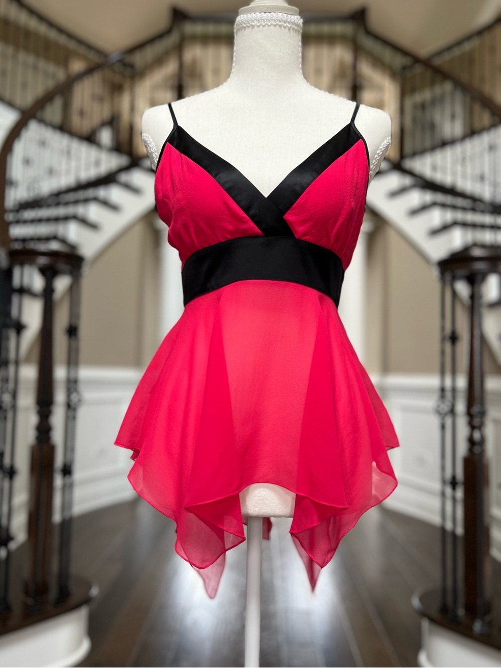 NWT Vintage Y2K Bebe Hot Pink 100% SILK Asymmetrical Top Camisole Black Trim S